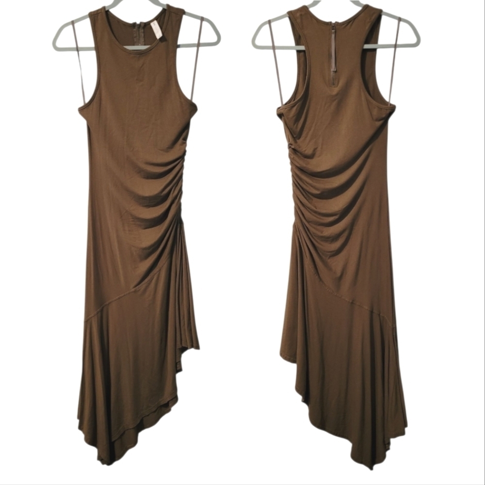 Anthropologie Daily Practice Olive Green Racer Back Ruched Asymmetrical Dress S